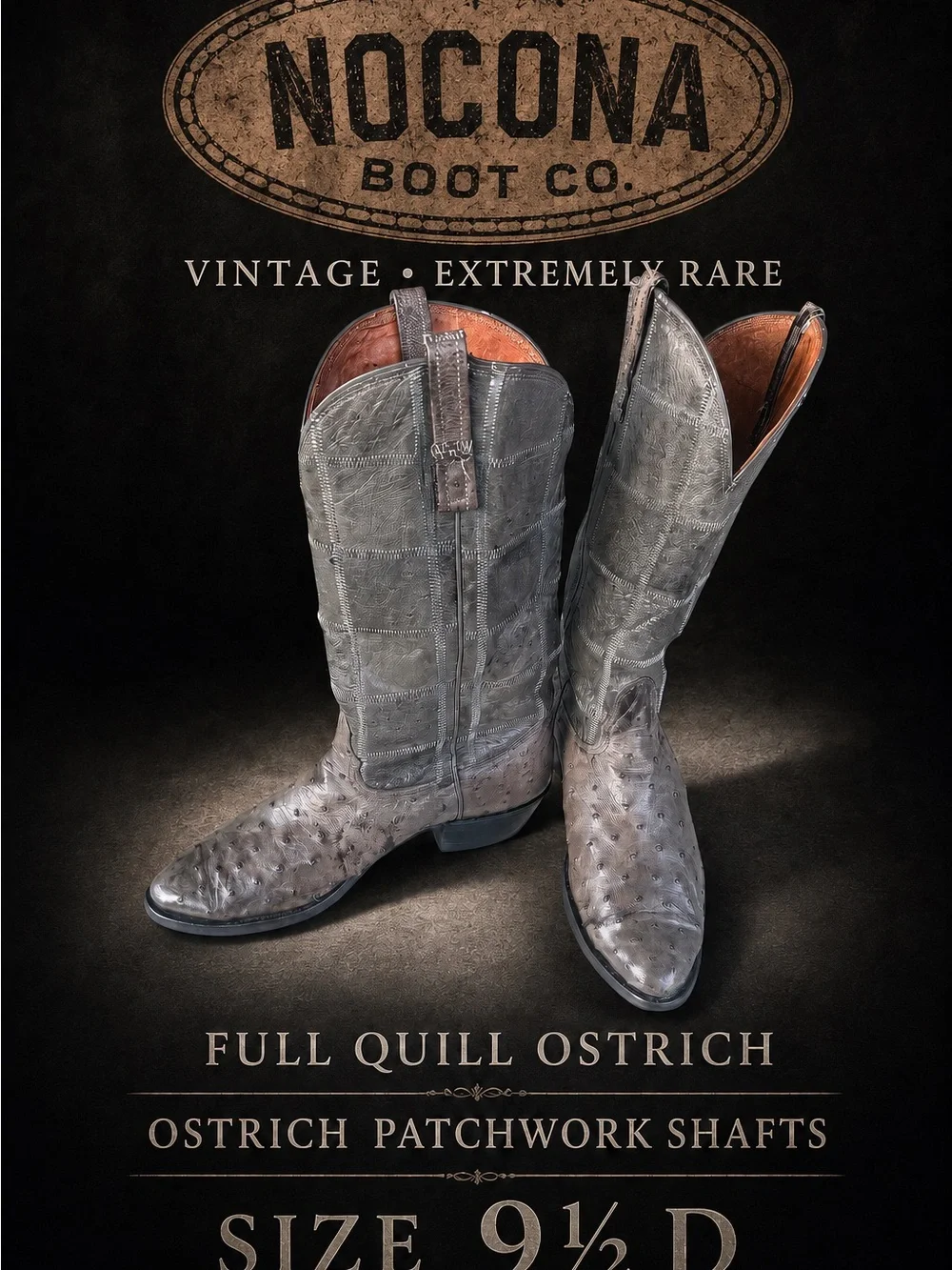 Vintage Nocona Full Quill Ostrich Patchwork Cowboy Boots Men’s 9.5 D